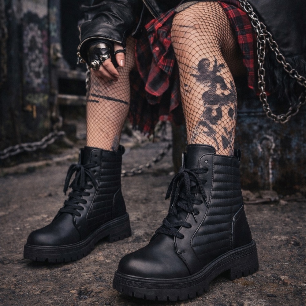 Mudd Black Combat Boots Platform Lug Sole Grunge Y2K Lace Up Zip Size 6